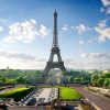 Park with fountains near Eiffel Tower in Paris, France
