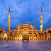 Wide angle view of the inner courtyard of the Sultan Ahmed Mosque (aka the Blue Mosque) at dusk, in Istanbul, Turkey.
